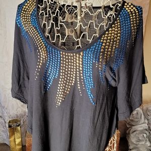 Free people grey shirt with blue and gold embellis